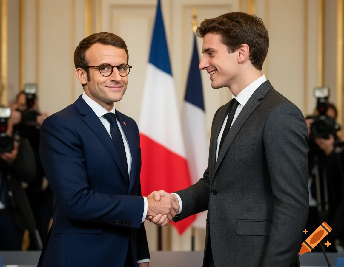 Emmanuel Macron, smiling, shakes hands with a younger man in a suit, against a backdrop of French flags.