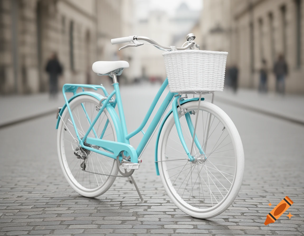Photorealistic light blue bicycle with a white wicker basket parked on a cobblestone street in a city.