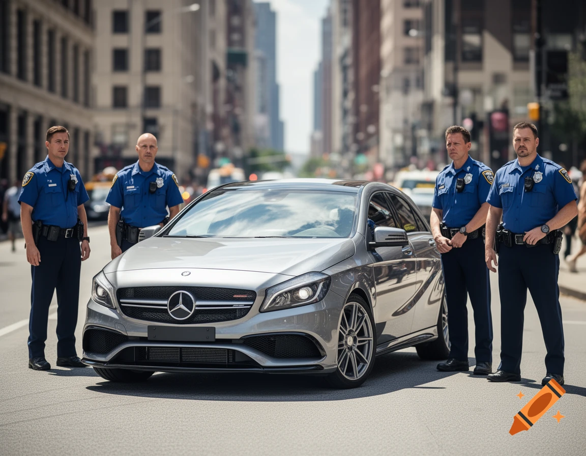 A silver Mercedes car on a city street, surrounded by four police officers in blue uniforms.