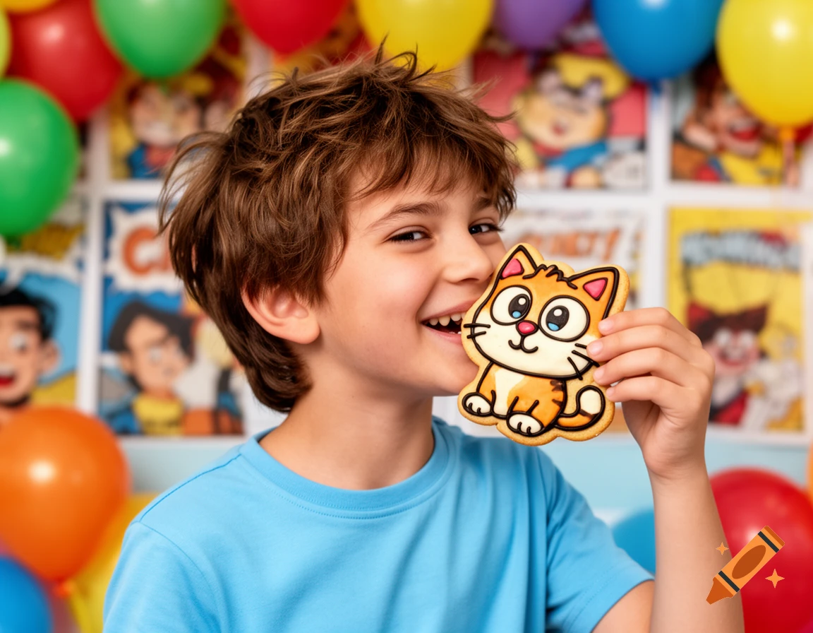 A smiling boy with brown hair holds a cartoon cat cookie to his mouth, surrounded by colorful balloons and comic art.