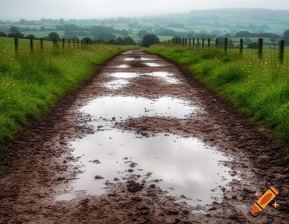 A muddy dirt path with puddles leads into a misty green countryside with rolling hills and fences under a cloudy sky.