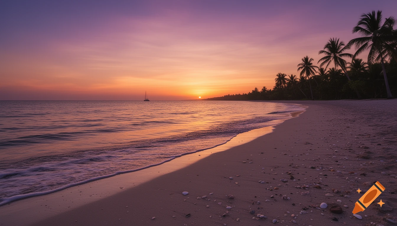 Photorealistic sunset over a tropical beach with palm trees silhouetted, a sailboat on the ocean, and gentle waves on the sand.
