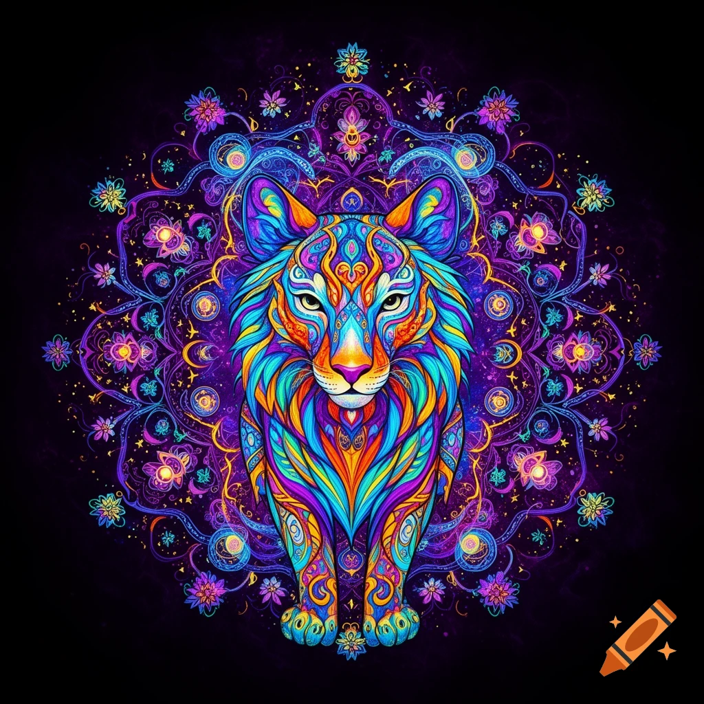 Vibrant, intricate mandala art of a stylized big cat with colorful patterns against a black background.