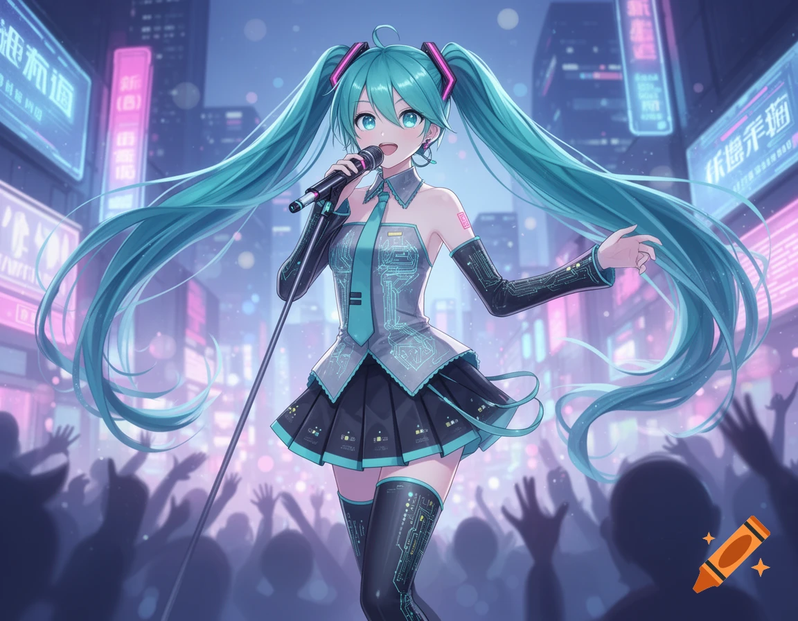 Hatsune Miku sings into a microphone on a stage at night, surrounded by a silhouetted crowd and glowing neon city lights.