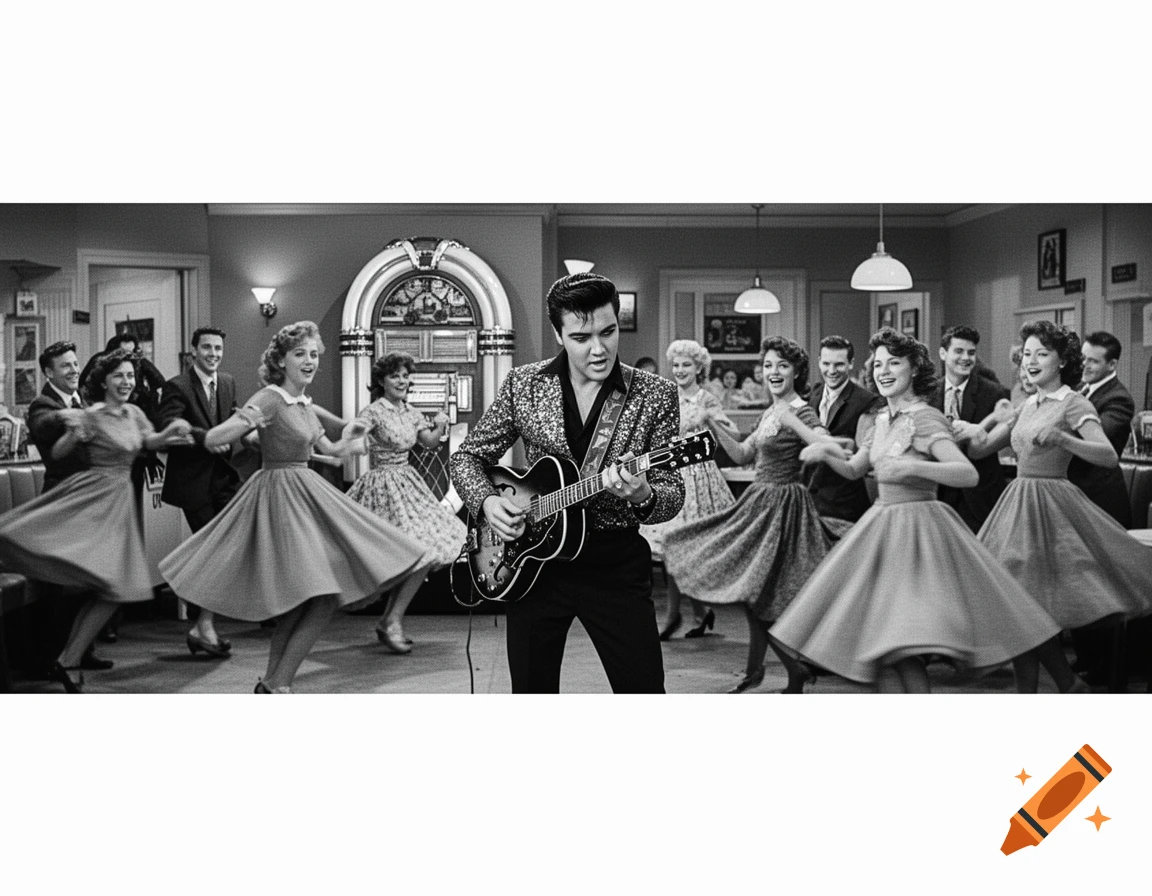 Elvis Presley plays guitar while people dance in a lively 1950s diner scene, black and white photograph.