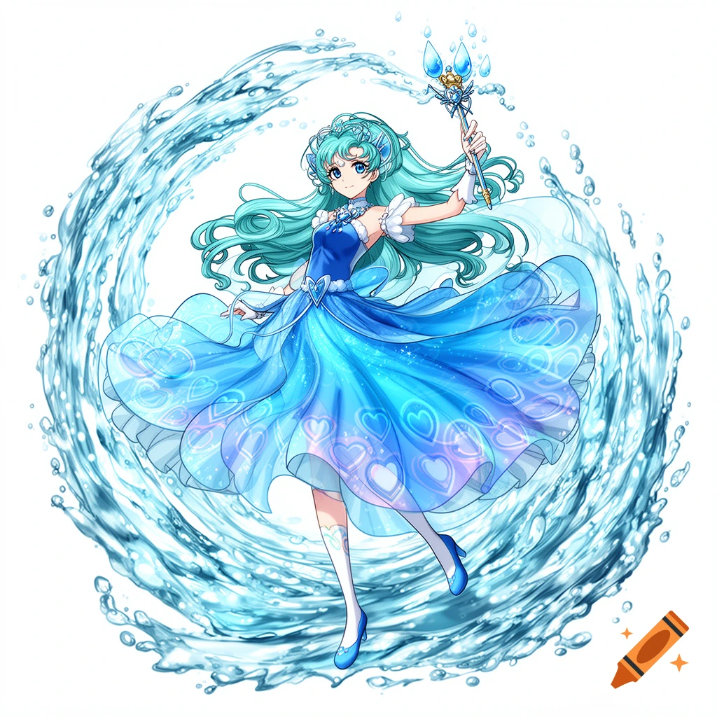 An anime magical girl with teal hair in a blue dress with heart symbols, holding a trident wand, surrounded by swirling water.