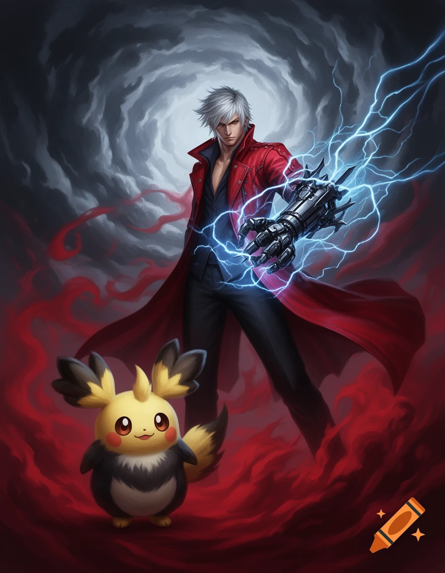 Nero from Devil May Cry with a lightning-generating cybernetic arm, next to Morpeko from Pok emona stormy background.