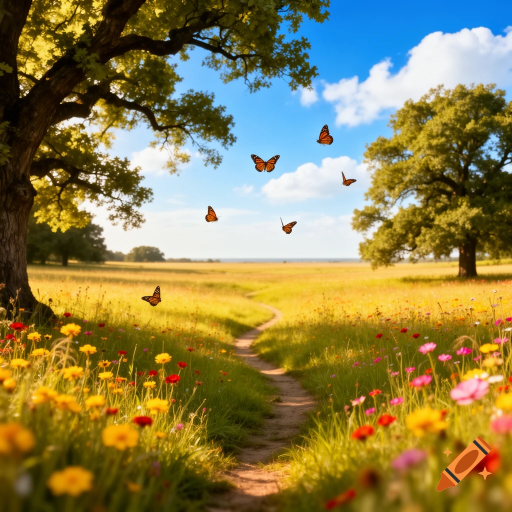 A vibrant sunny field with a winding dirt path, lush green trees, colorful wildflowers, and several monarch butterflies flying against a blue sky with white clouds.