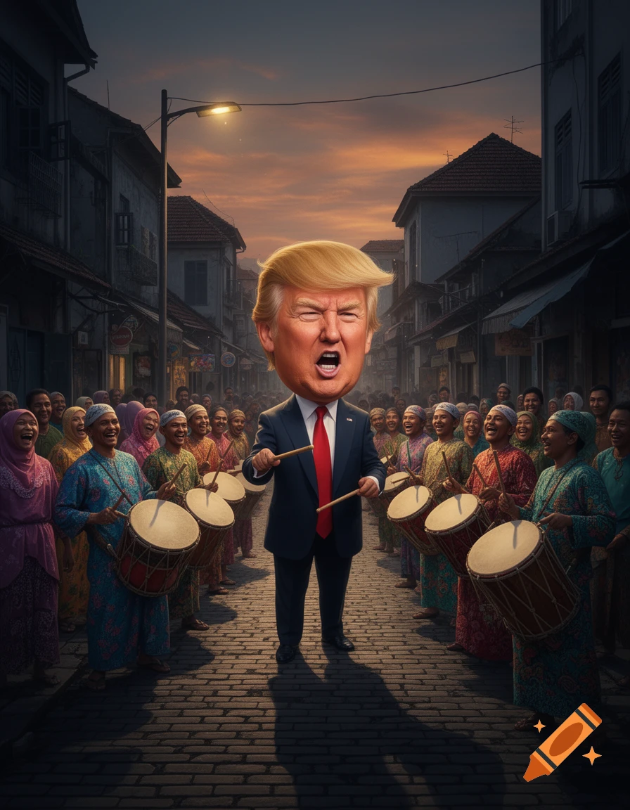 A caricature of Donald Trump with an oversized head, wearing a suit and holding drumsticks, stands in a street flanked by a smiling crowd playing drums.