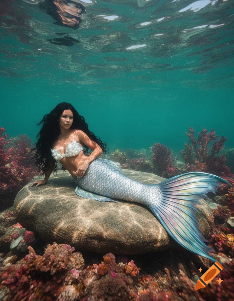 A photorealistic mermaid with long dark hair and a shimmering silver and blue tail reclines on a rock in an underwater coral reef.