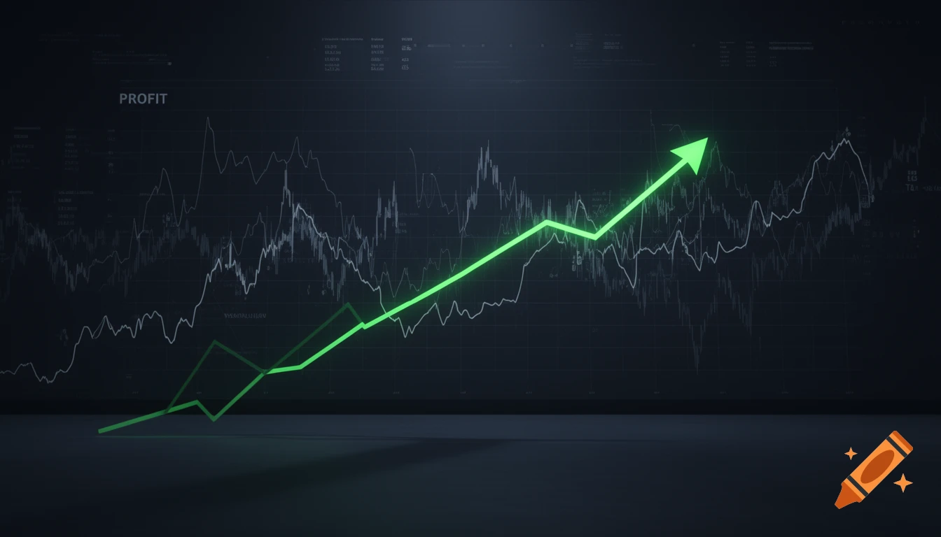 A glowing green profit line graph on a dark financial market dashboard with abstract moving stock charts.