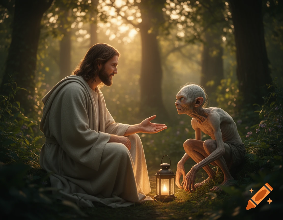 Jesus in a white robe offers his hand to Gollum in a sunlit, mystical forest with a lantern between them, photorealistic.