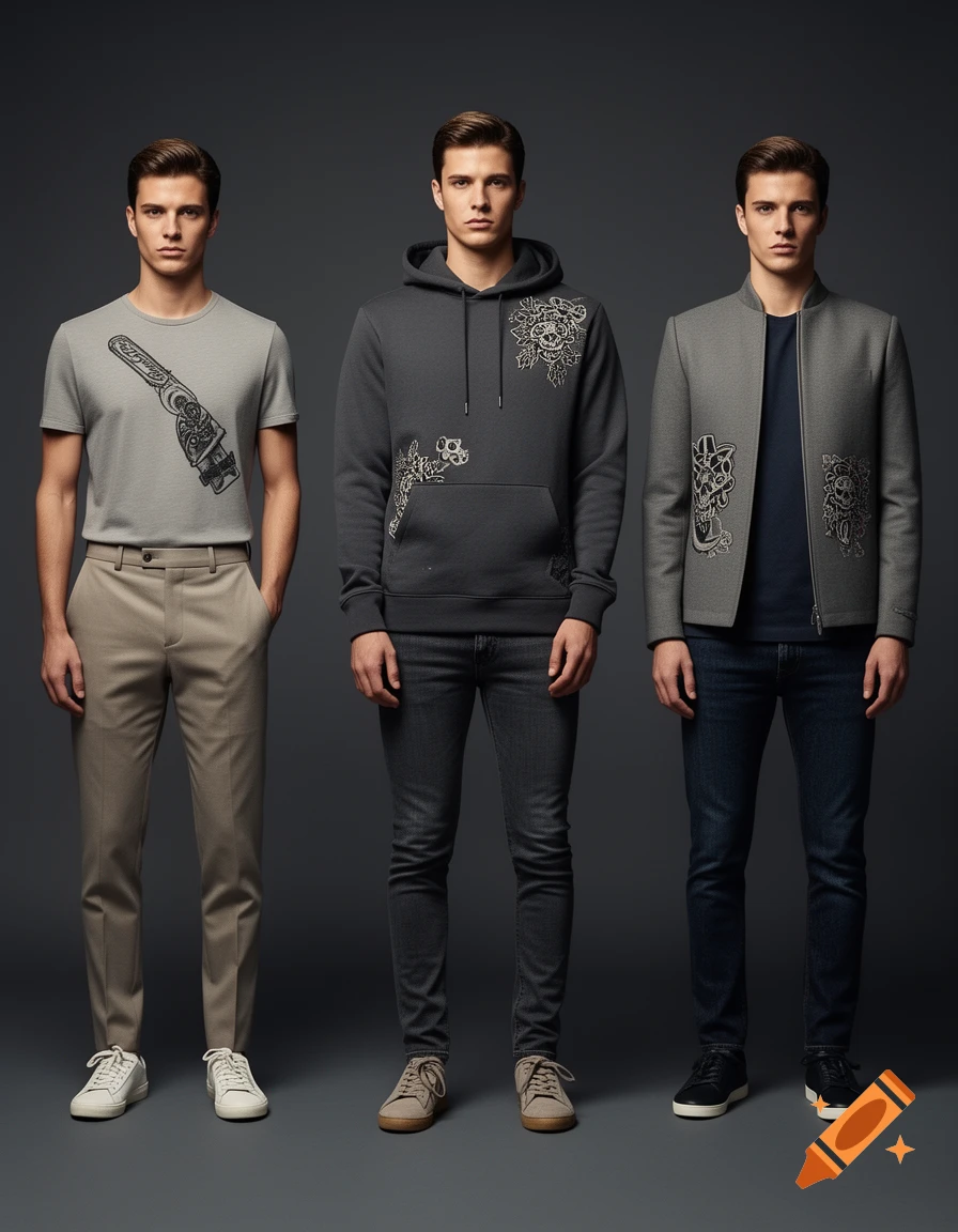 Three male models stand against a dark background, showcasing modern minimalist fashion with tattoo-inspired designs on a t-shirt, hoodie, and bomber jacket.