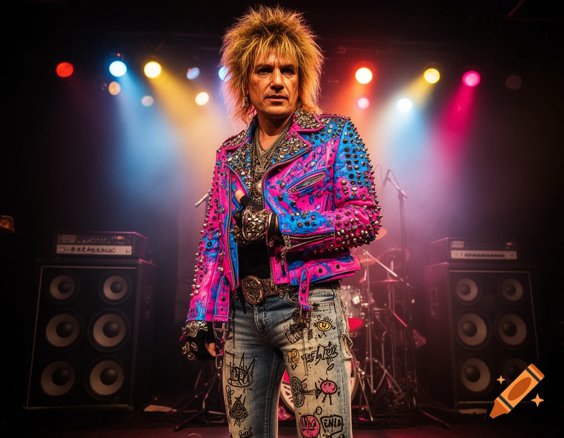 Man in a studded pink and blue jacket, ripped jeans, and spiky hair on a dark stage with colorful spotlights.