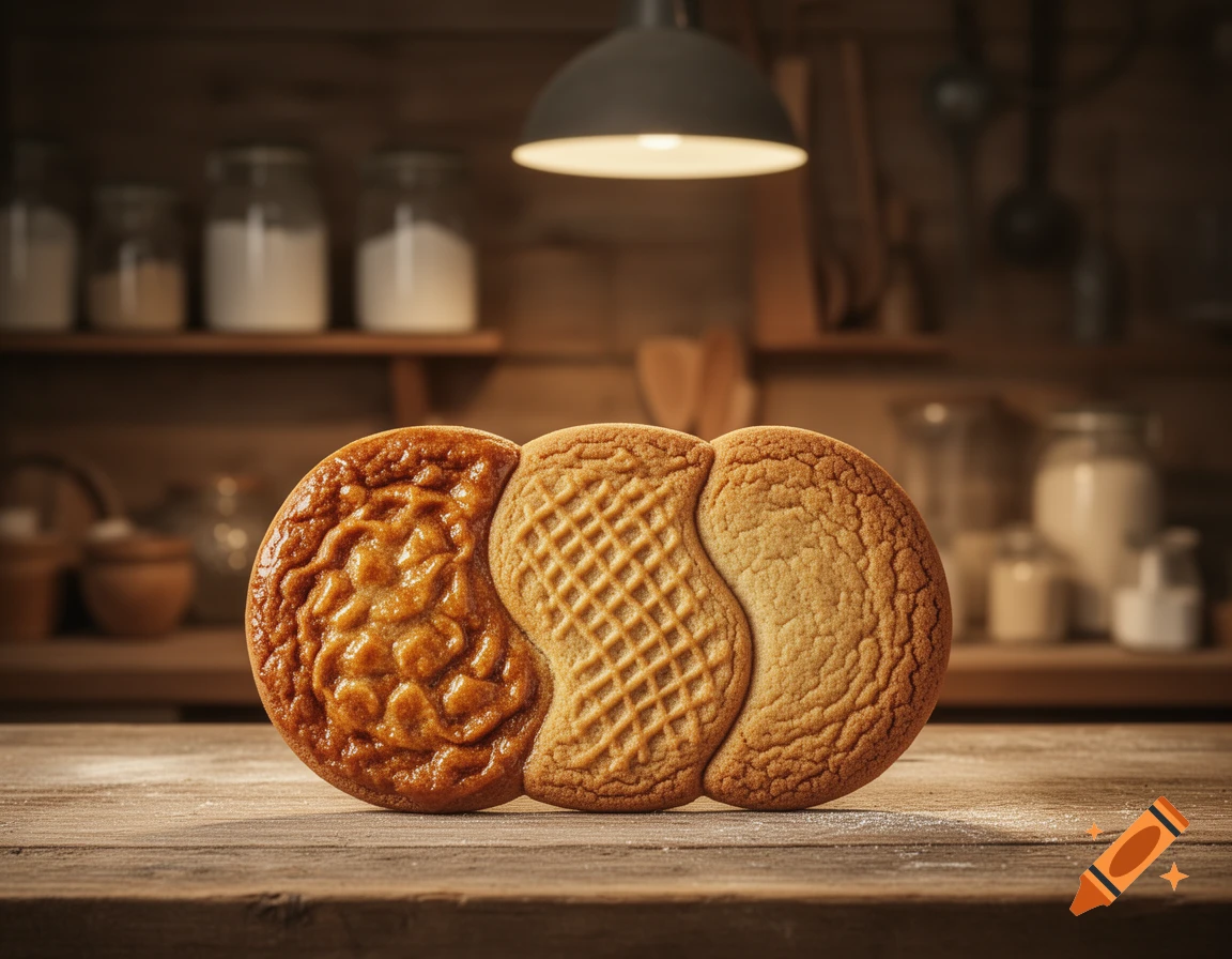 A large cookie, made of three distinct textured segments (intricate, waffle, and plain), sits on a wooden table in a rustic kitchen.
