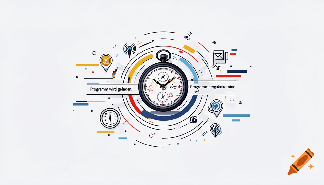 Abstract infographic illustration of a stopwatch surrounded by colorful lines and tech icons, with the text 'Programm wird geladen...'.