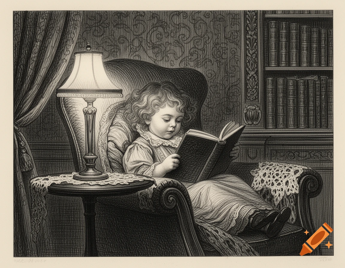 Victorian etching of a child with curly hair reading a book in an armchair by a lamp and bookcase.