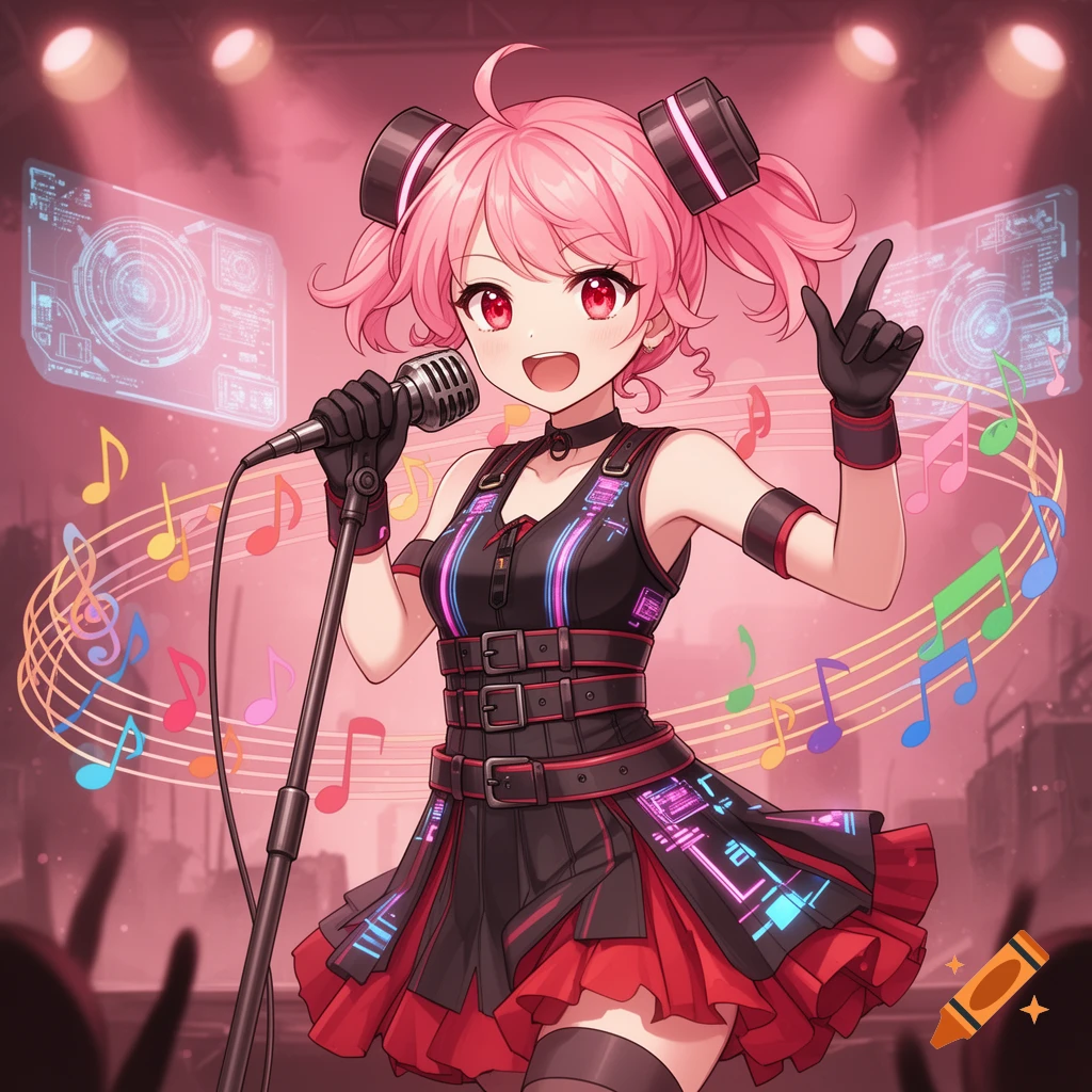 Anime girl with pink pigtails sings into a microphone on a vibrant stage, surrounded by musical notes, in a futuristic concert style.