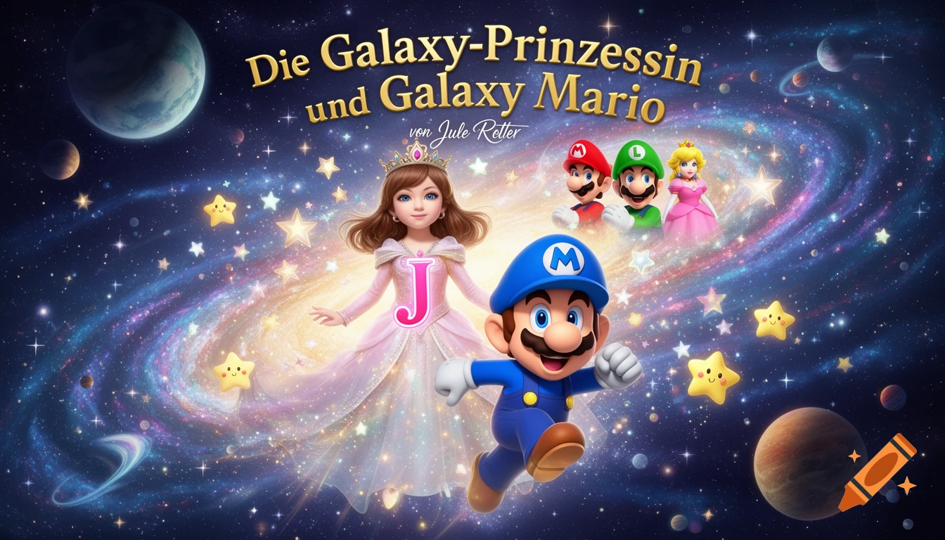 A stylized image of Galaxy Princess and Galaxy Mario in space, with Mario, Luigi, and Peach in the background, against a colorful galaxy, stars, and planets. Text reads "Die Galaxy-Prinzessin und Galaxy Mario" and "von Jule Retter".