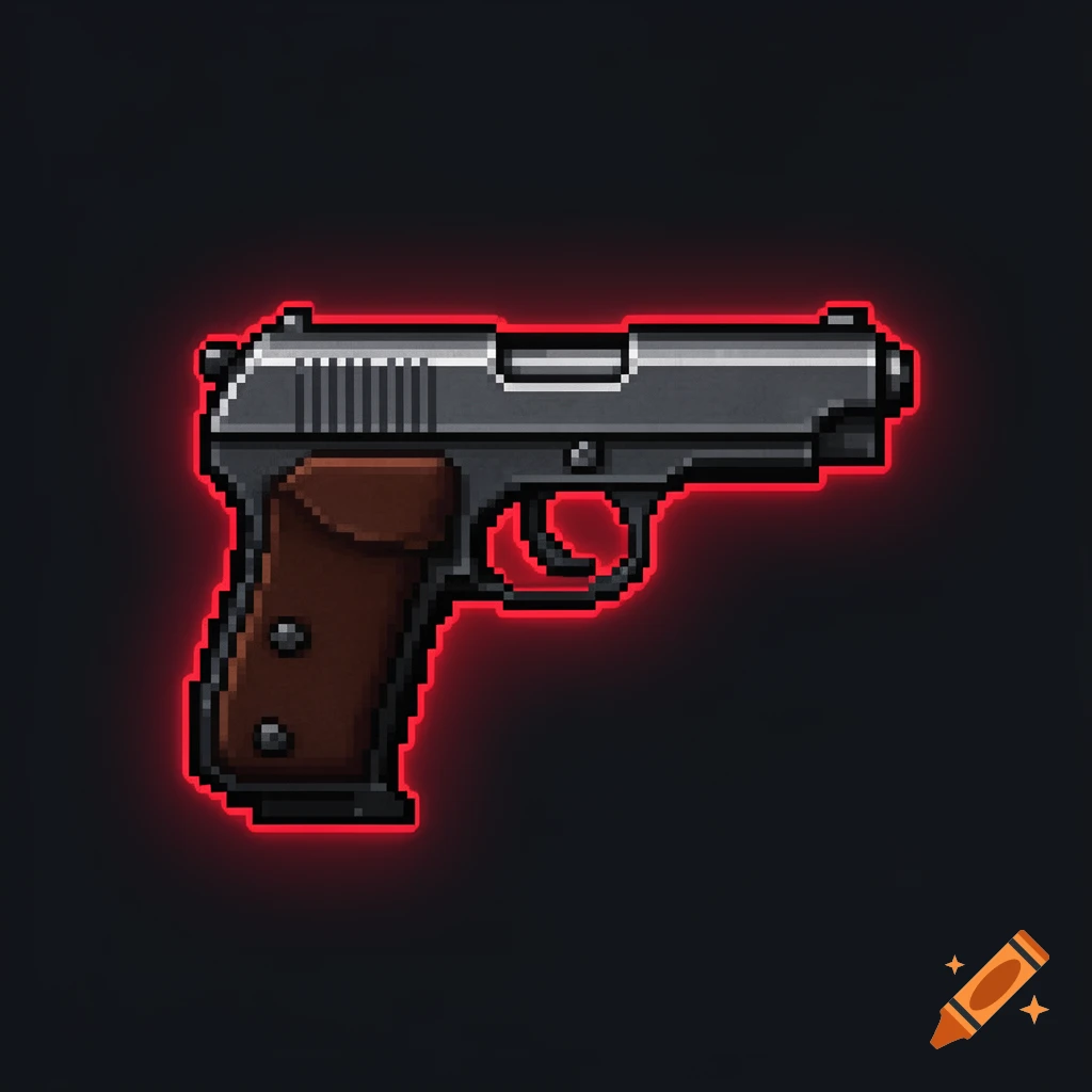 Pixel art Makarov pistol with a red neon outline on a dark background.