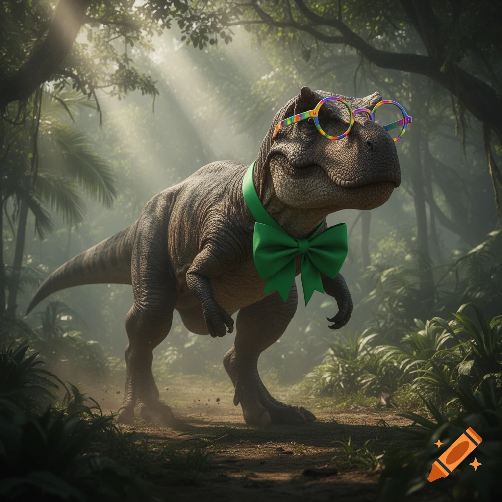 Photorealistic T-Rex wearing a green bow tie and rainbow-colored glasses stands in a sun-dappled jungle.