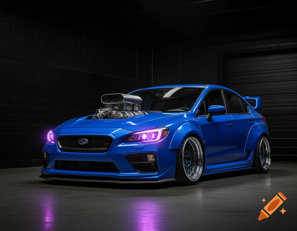 A heavily modified blue Subaru sedan with a large engine, wide body kit, and purple LED headlights, parked in a dark garage.