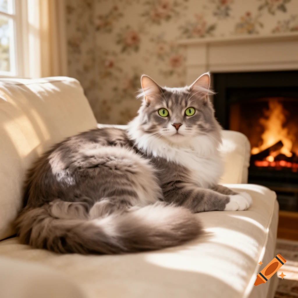 A fluffy gray and white cat with bright green eyes lies on a cream ...