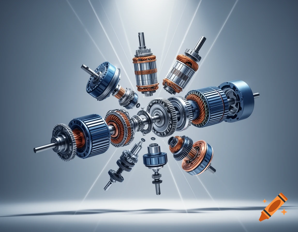 Exploded view of an electric motor with various metallic and copper components floating against a gradient background.