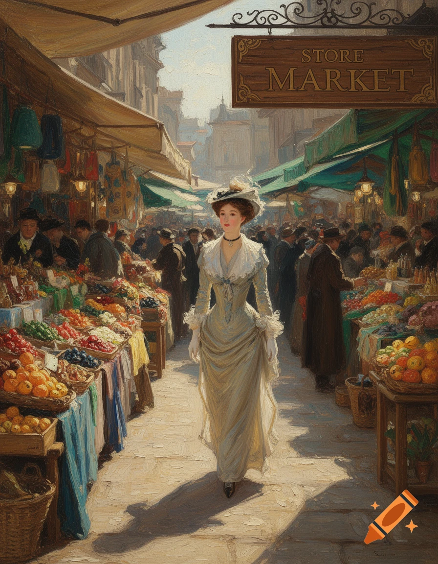 An oil painting of a woman in a light-colored dress and hat walking through a bustling outdoor market with food stalls.