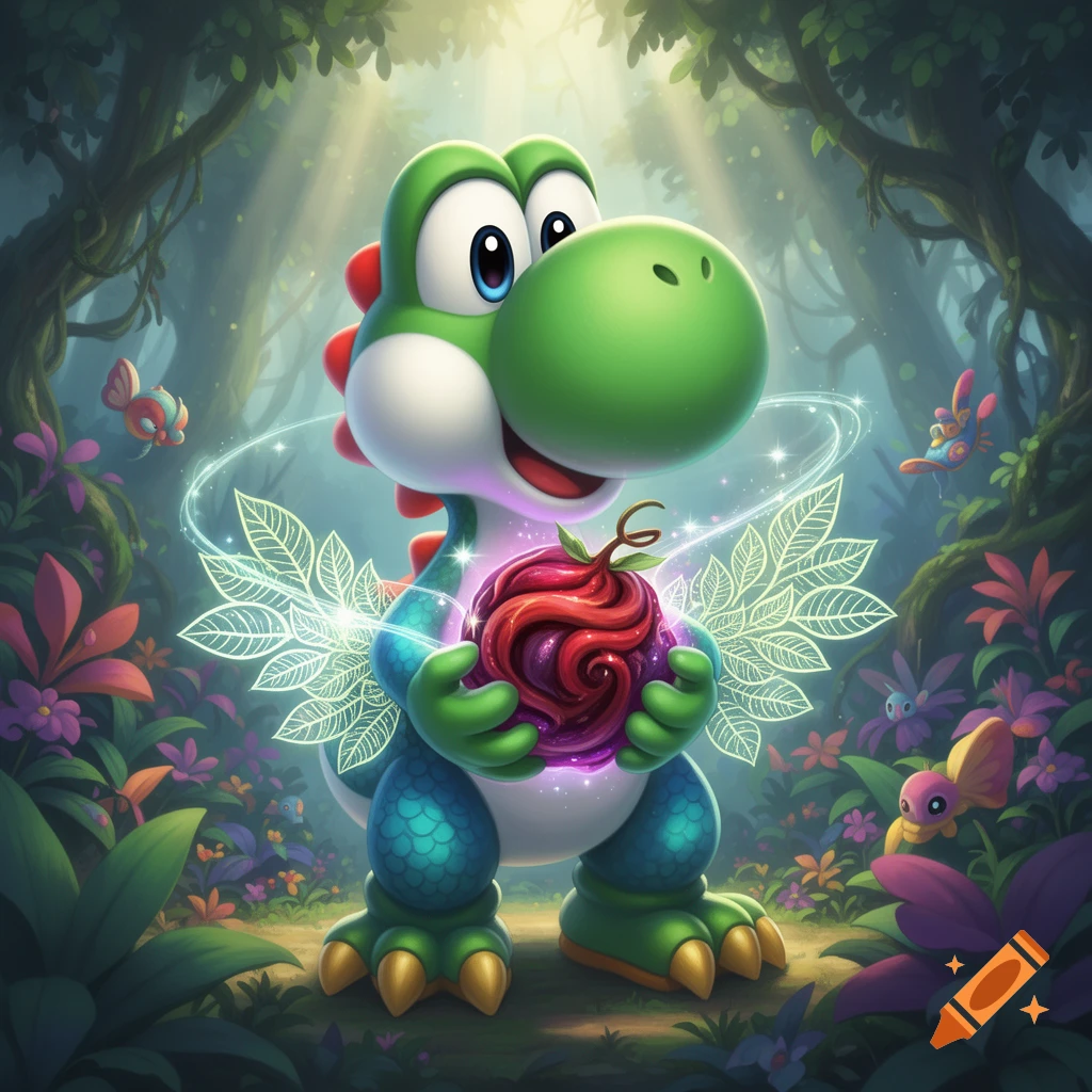 Vibrant cartoon Yoshi holding a magical, swirled red and purple fruit in an enchanted forest with glowing leaves and butterflies.