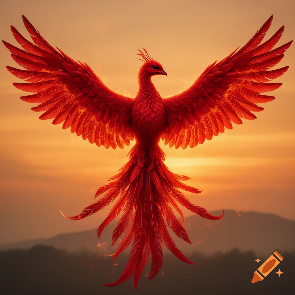 A vibrant red phoenix with outstretched wings soars against an orange and brown sunset sky over mountains.