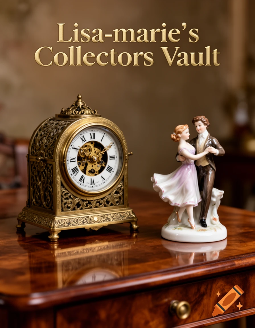 A golden ornate antique clock and a porcelain figurine of a dancing couple on a polished wooden table, with 'Lisa-marie's Collectors Vault' text.
