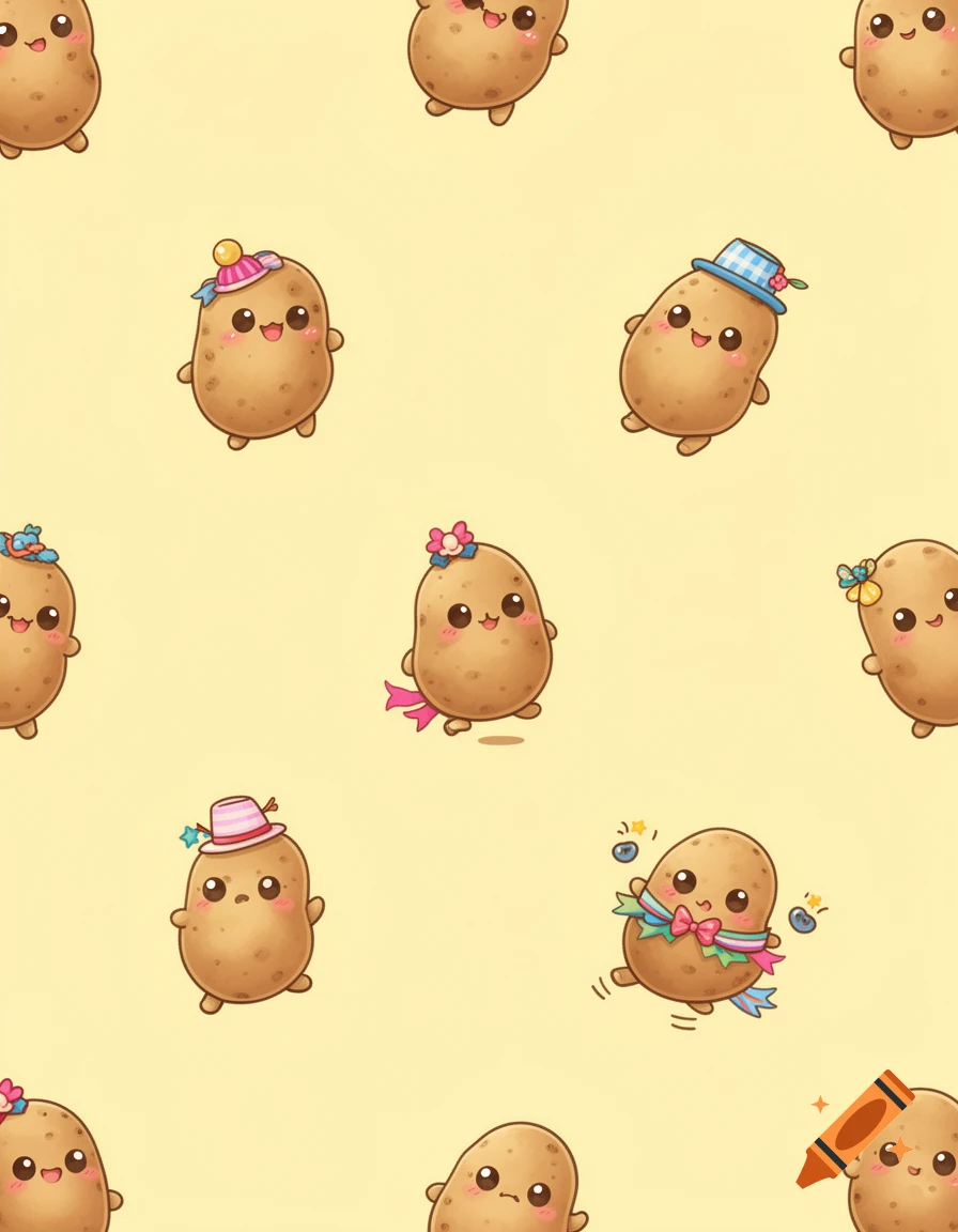 A seamless pattern of cute, cartoon potatoes with happy faces and various small hats and ribbons on a light yellow background.