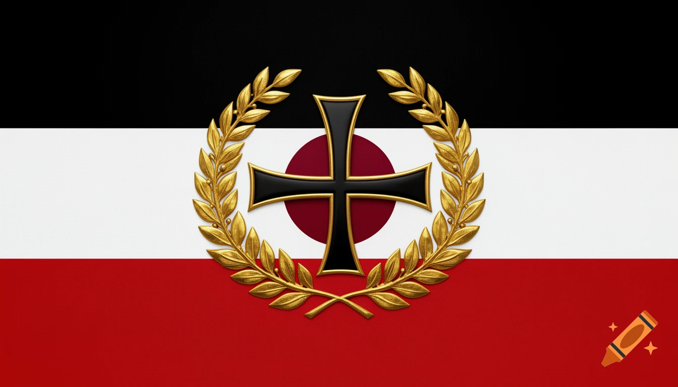 A horizontal tricolor flag, black, white, and red. A black Iron Cross is centered on a dark red sun disk, encircled by gold laurel branches.