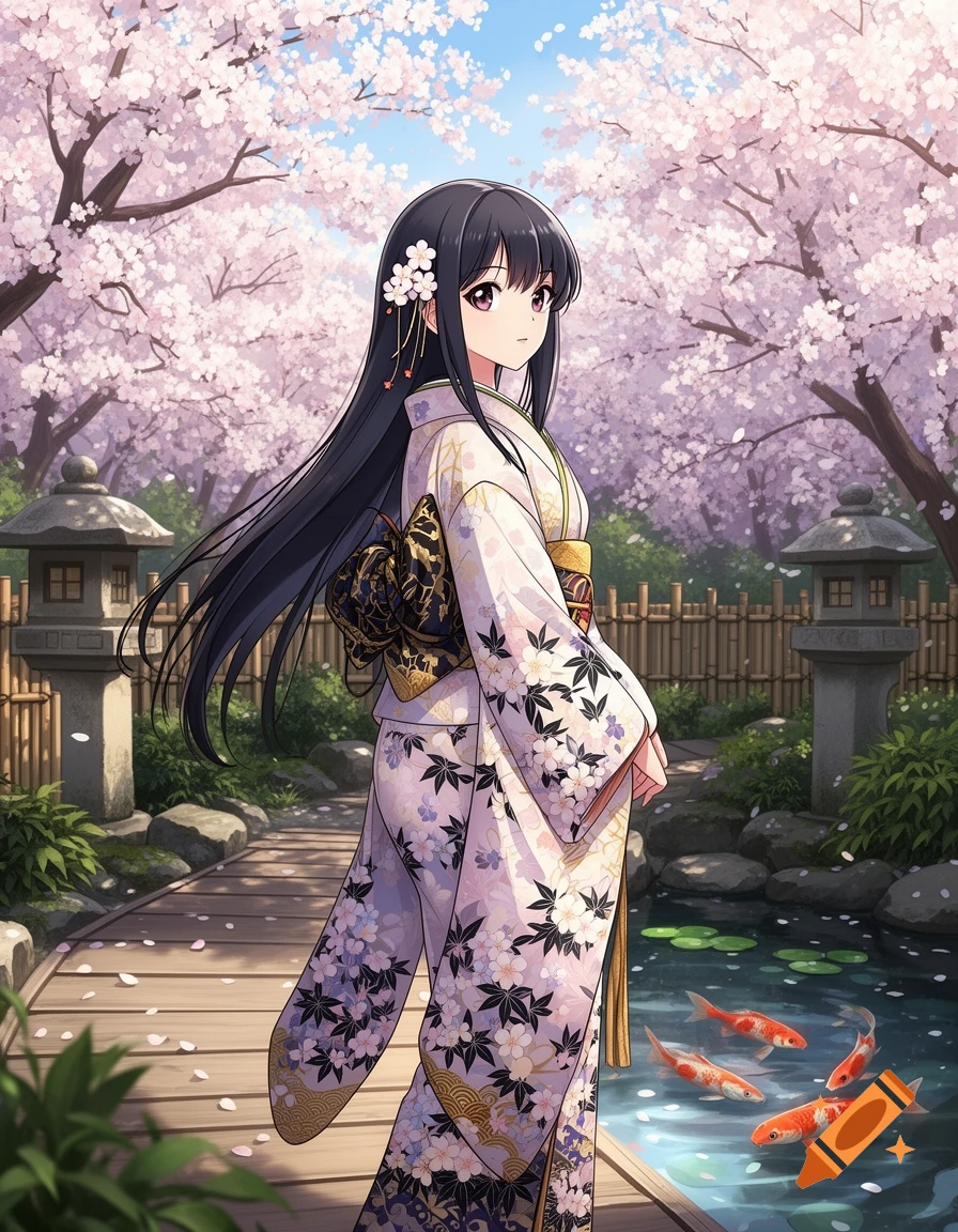 Anime girl in a white kimono with black and purple floral patterns, standing in a cherry blossom garden with koi fish in a pond.