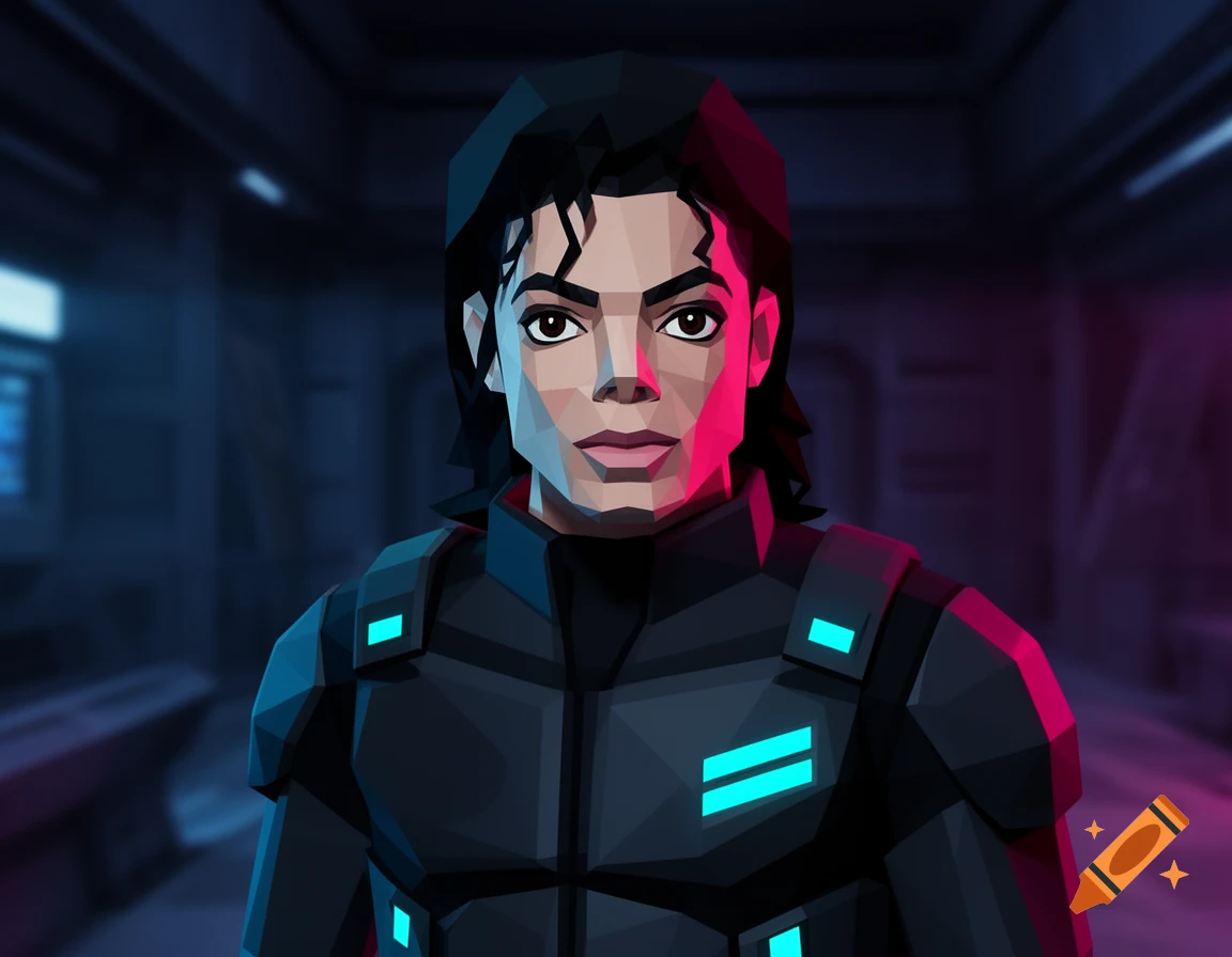 Low-poly Michael Jackson as a secret agent in a dark tactical suit with cyan highlights, rendered in a retro N64 style.