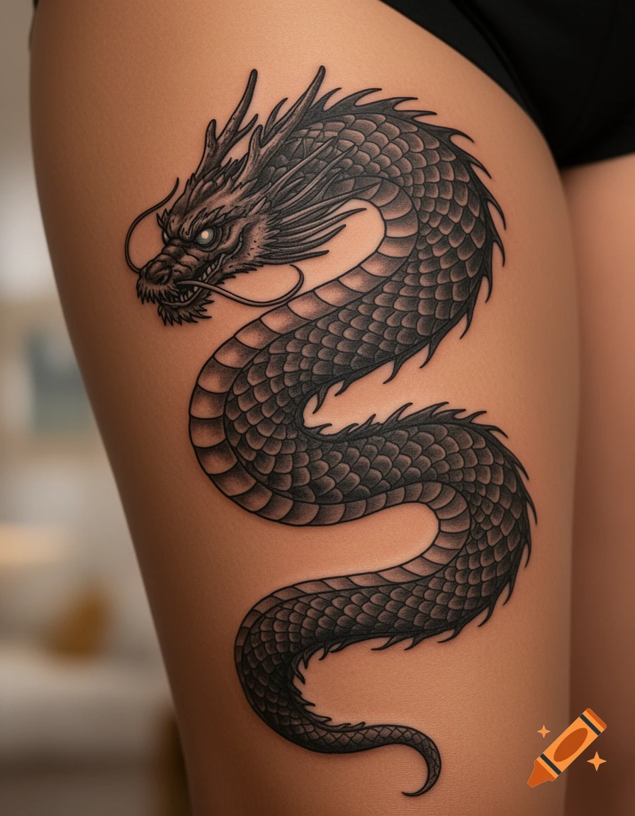 Detailed black dragon tattoo on a person's thigh, featuring scales, claws, and fierce eyes.