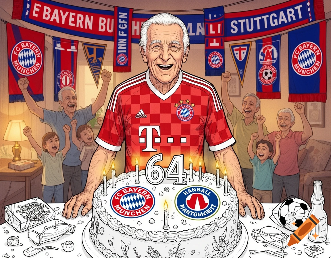 An elderly man in a Bayern Munich jersey celebrates his 64th birthday with family, standing behind a cake decorated with team logos, in a coloring book style.