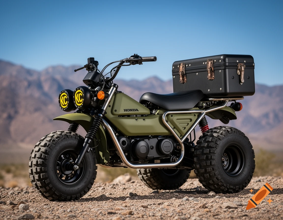 Olive green custom Honda Ruckus motorcycle with off-road tires, KC lights, and a cargo box, on rocky desert terrain.