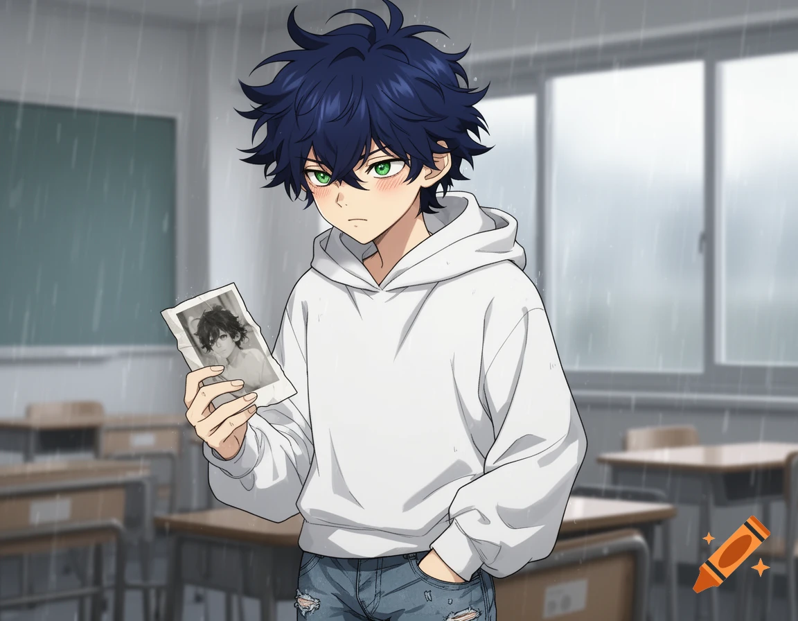 Manga boy with dark blue spiky hair and green eyes, wearing a white hoodie and ripped jeans, holds a black and white photo in a rainy classroom.