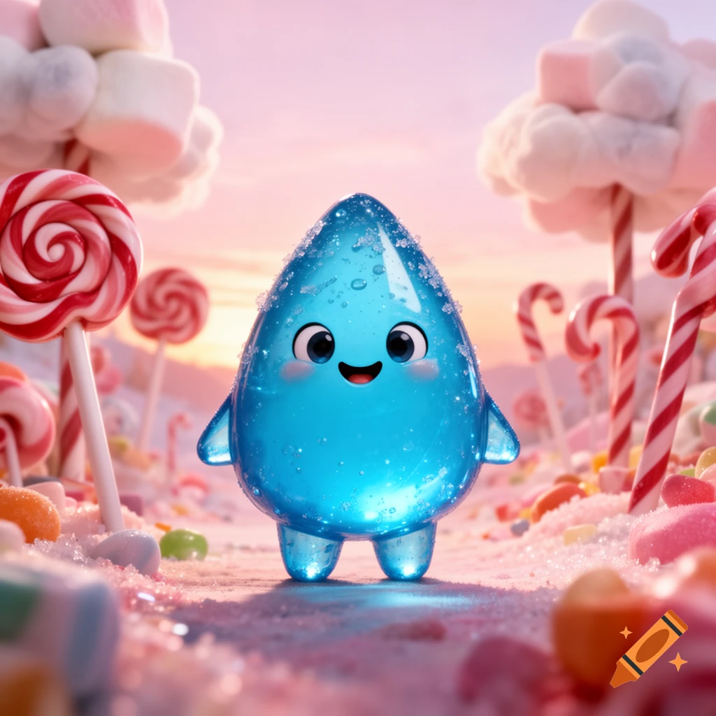 A cute, smiling blue translucent gumdrop character in a whimsical candy land with lollipops, marshmallows, and scattered sweets under a pink sky.
