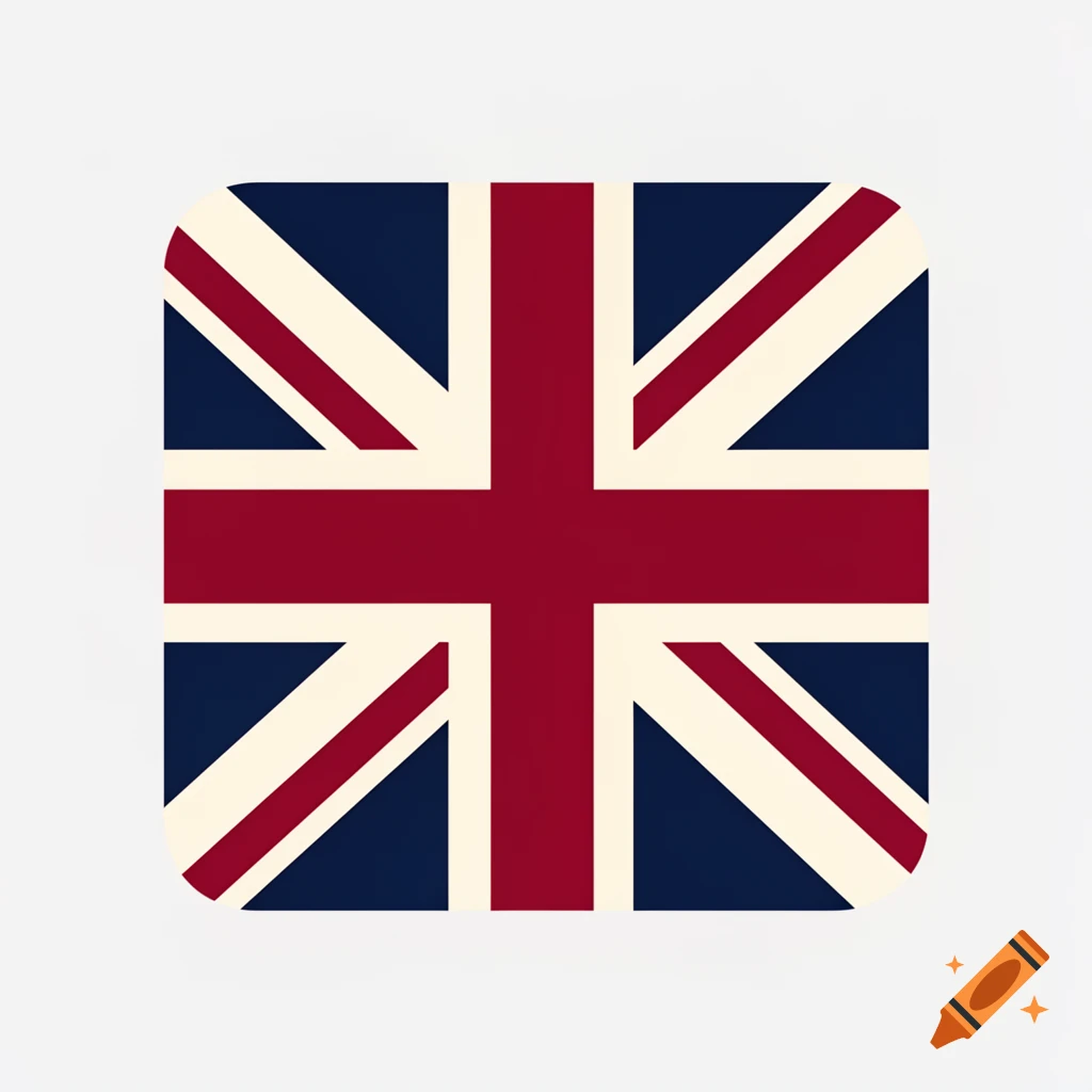 A square illustration of the United Kingdom's Union Jack flag with rounded corners on a light gray background.