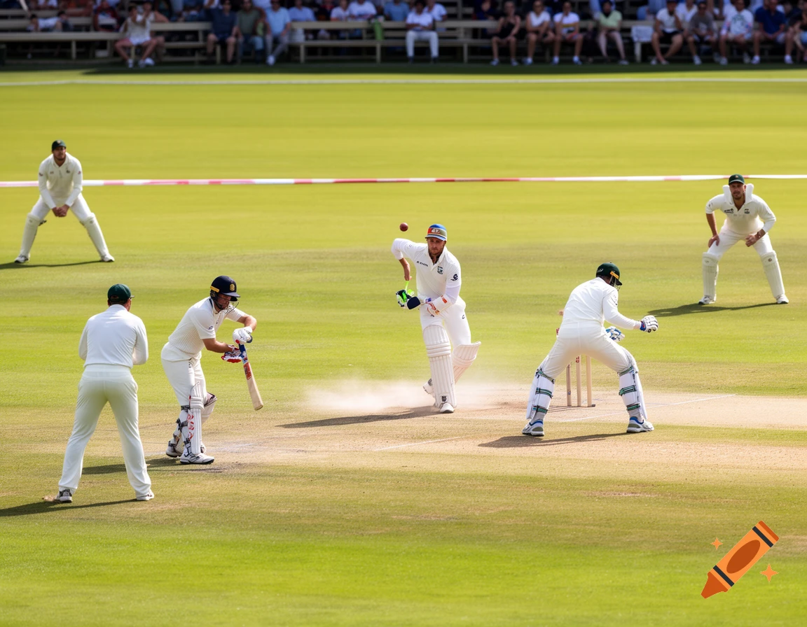 Cricket players in white uniforms batting and fielding on a sunny green field during a match with spectators in the background.