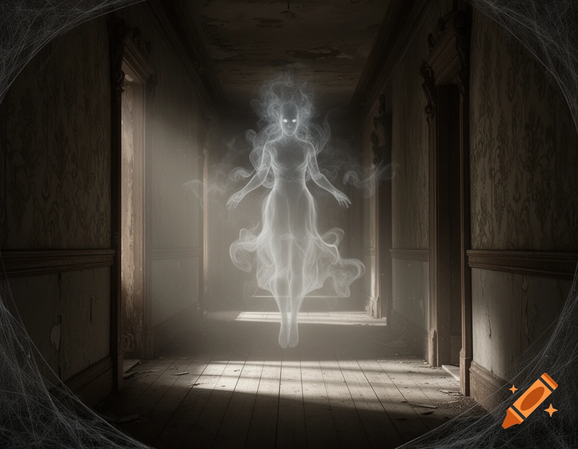 An eerie, ethereal ghost with glowing eyes hovers in a dark, dilapidated hallway with spiderwebs.