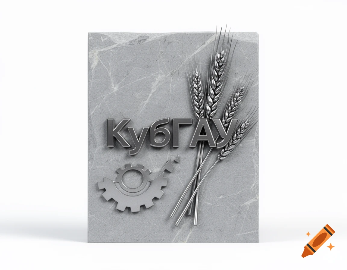 A gray marble plaque with metallic text " D0 D1 D0 D1 D0 D0 "КубГАУ", a gear icon, and wheat stalks against a white background.