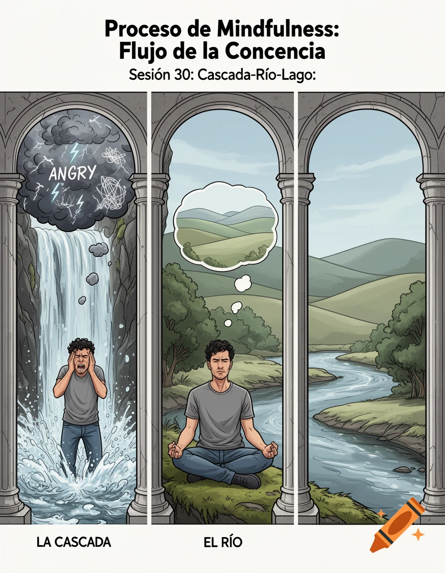 A three-panel illustration shows a man stressed by a waterfall with 'ANGRY' thoughts, then meditating calmly by a flowing river.