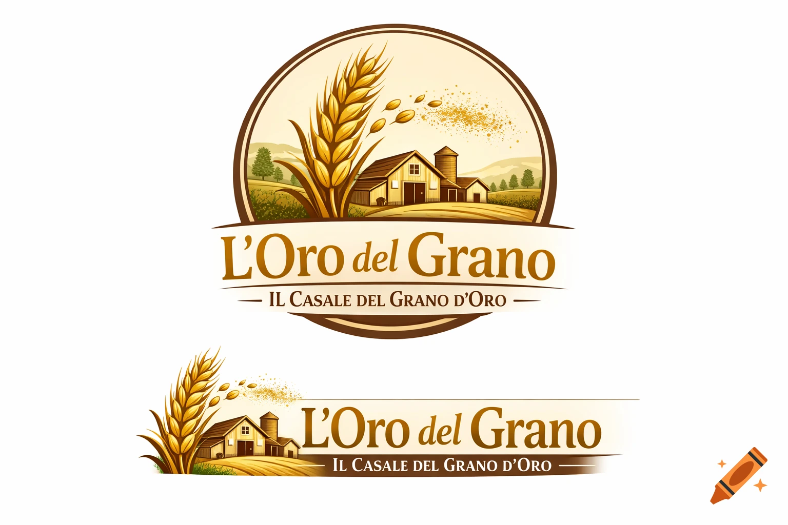 A logo featuring a golden wheat stalk and grains, a farmstead, and text "L’Oro del Grano Il Casale del Grano d’Oro".