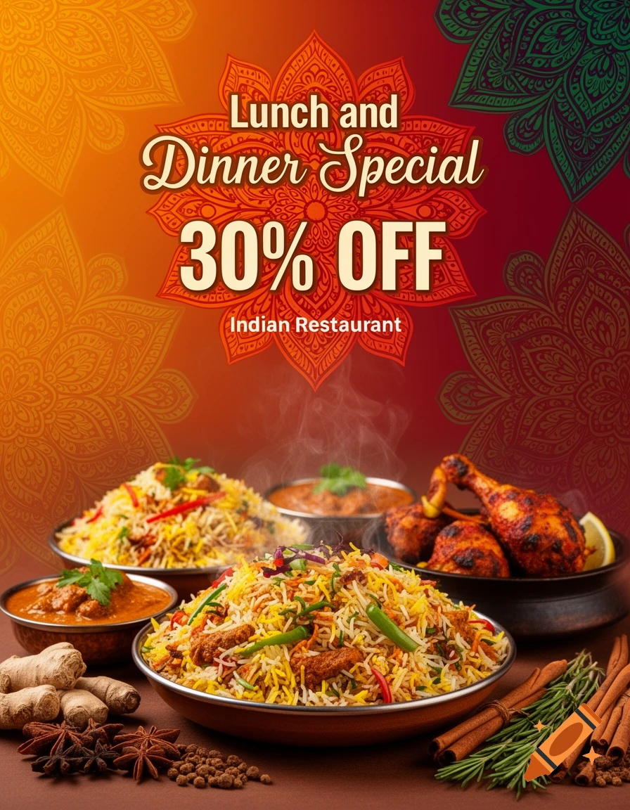 Vibrant ad for an Indian restaurant, showcasing biryani, chicken, and curry with a '30% OFF Lunch and Dinner Special'.