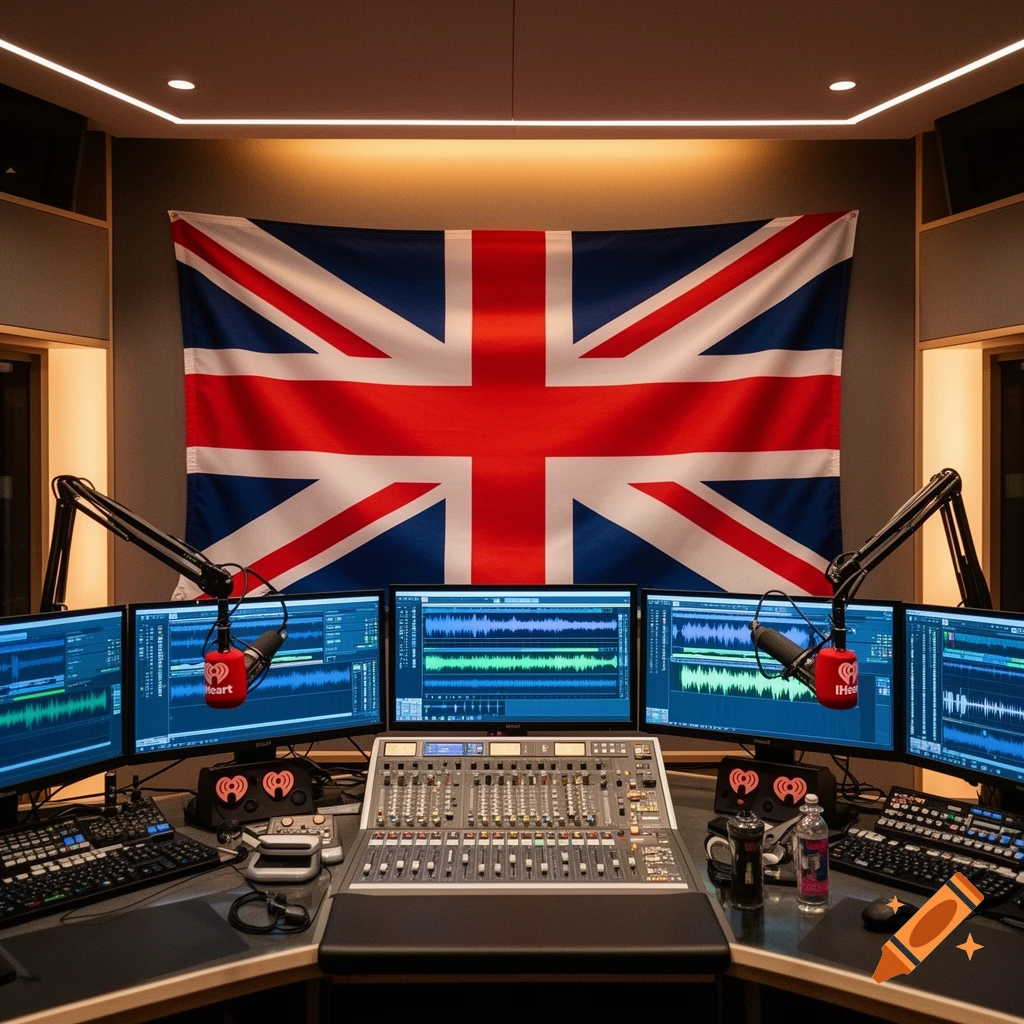 A radio studio with a large Union Jack flag, multiple monitors displaying audio waveforms, a mixing console, and microphones with iHeart logos.