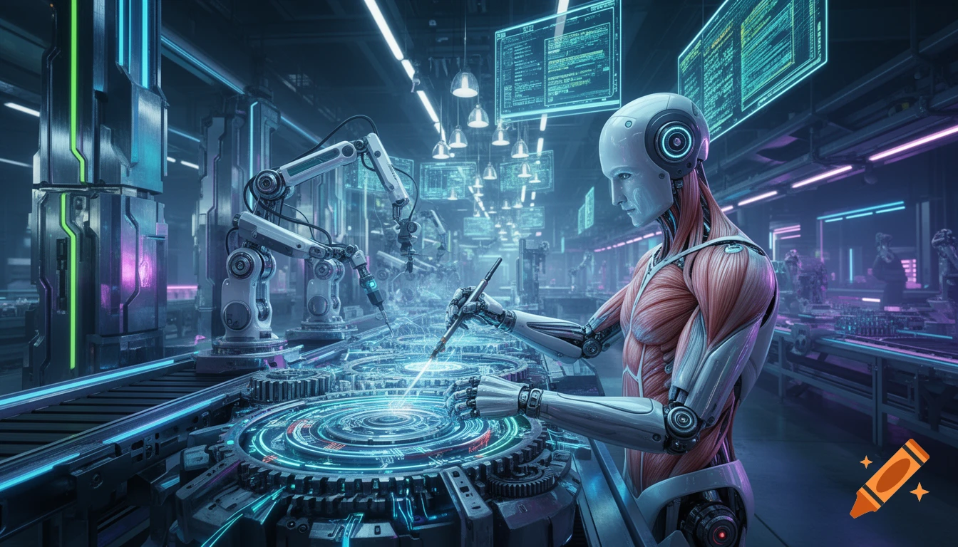 Humanoid robot works on glowing futuristic machinery in a neon-lit industrial factory alongside other robotic arms, sci-fi style.